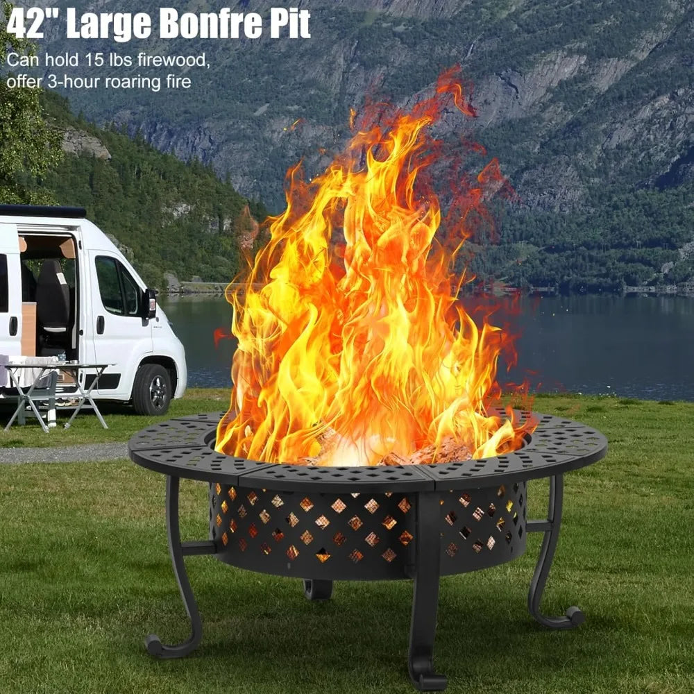 42 Inch Fire Pit with 2 BBQ Grills, Wood Burning Fire Pits for Outside with Lid & Fire Poker, BBQ& Outdoor Firepit & Round Metal