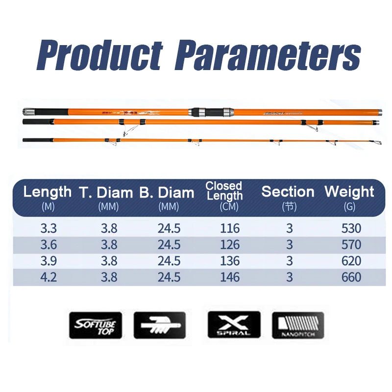 3.3M 3.6M 3.9M 4.2M Carp Fishing Rod 35kg Portable Travel Surf Spinning Rod 3 Piece Carbon Fiber Saltwater Fishing Pole