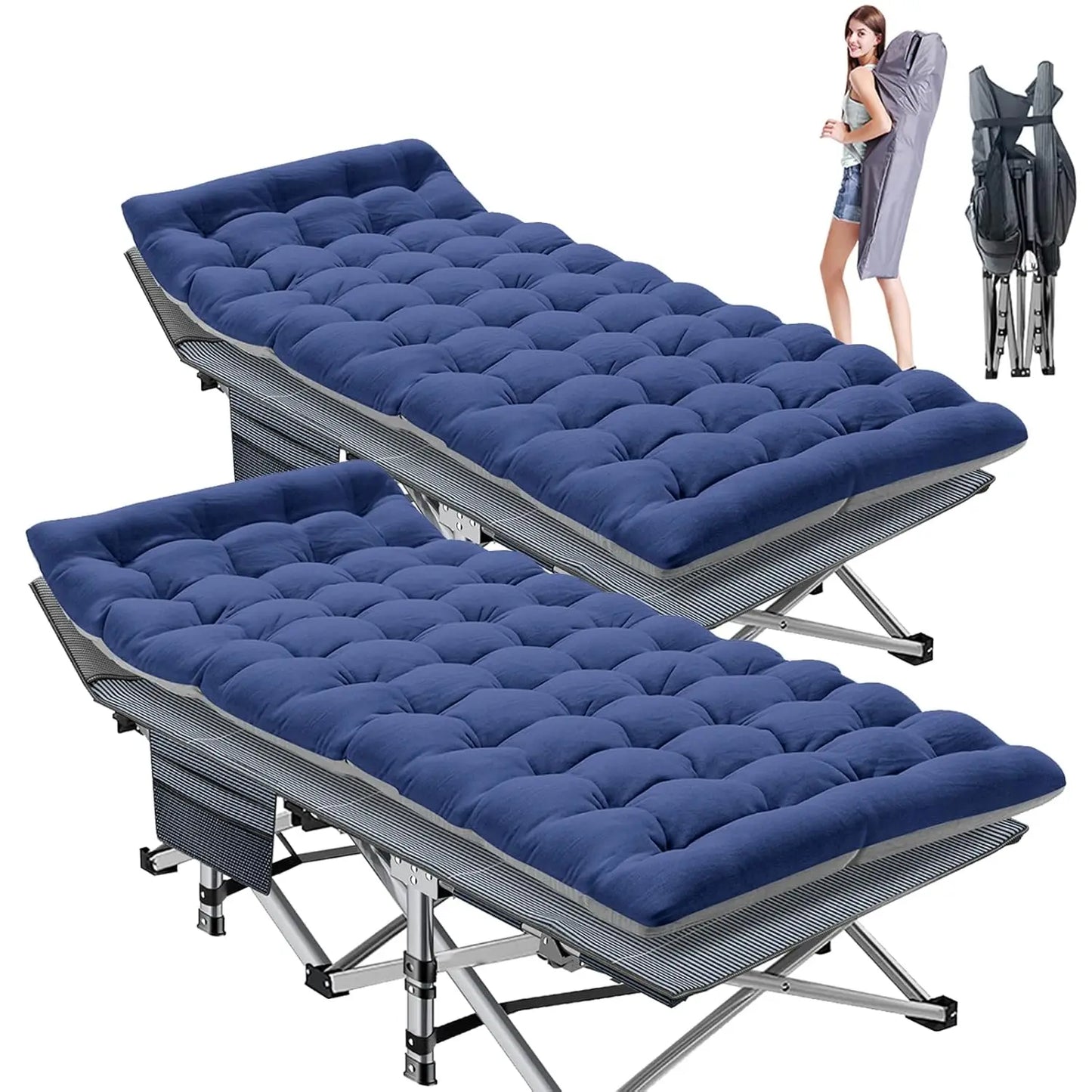 2PK XXL Camping Cot for Adults 900LBS Oversized Folding Bed with Mattress Pad, Heavy Duty 1200D Oxford, Customized