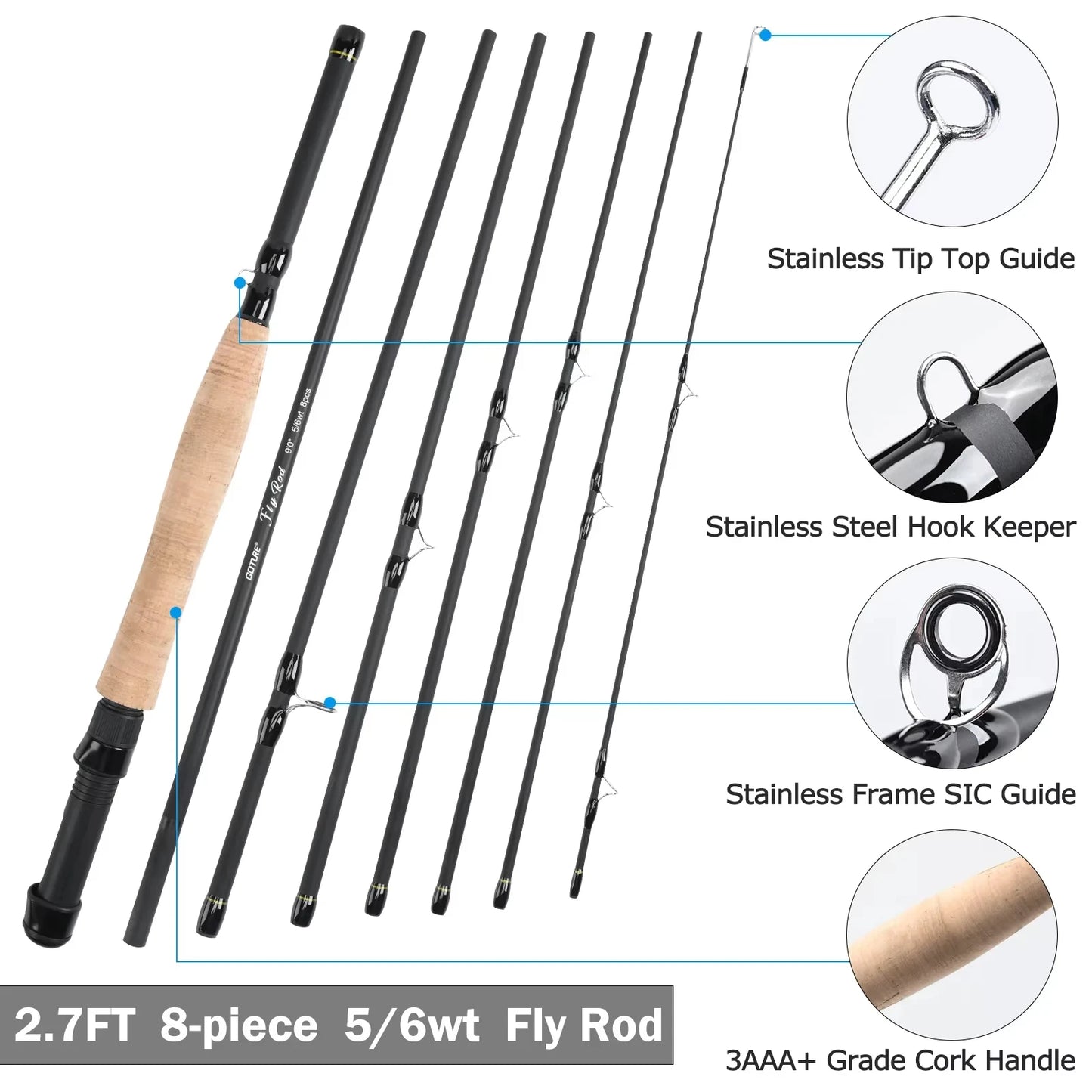 Goture #5/6 Travel Fly Fishing Rod 2.7M Multinodal Medium Fast Action Fly Rod Cork&carbon Handle Ultralight Fishing Tackle