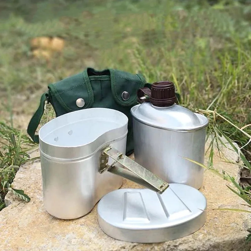 Portable Aluminum Canteen Set with Cup and Cover, Lightweight Cooking Gear for Outdoor Camping, Hiking and Backpacking Picnic