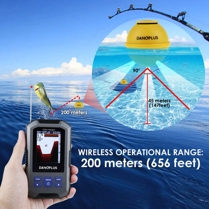 Fish Finder Wireless Sonar Sensor 125kHz Frequency 45 Meters / 147 Feet Depth Alarm Function and Large LCD Display