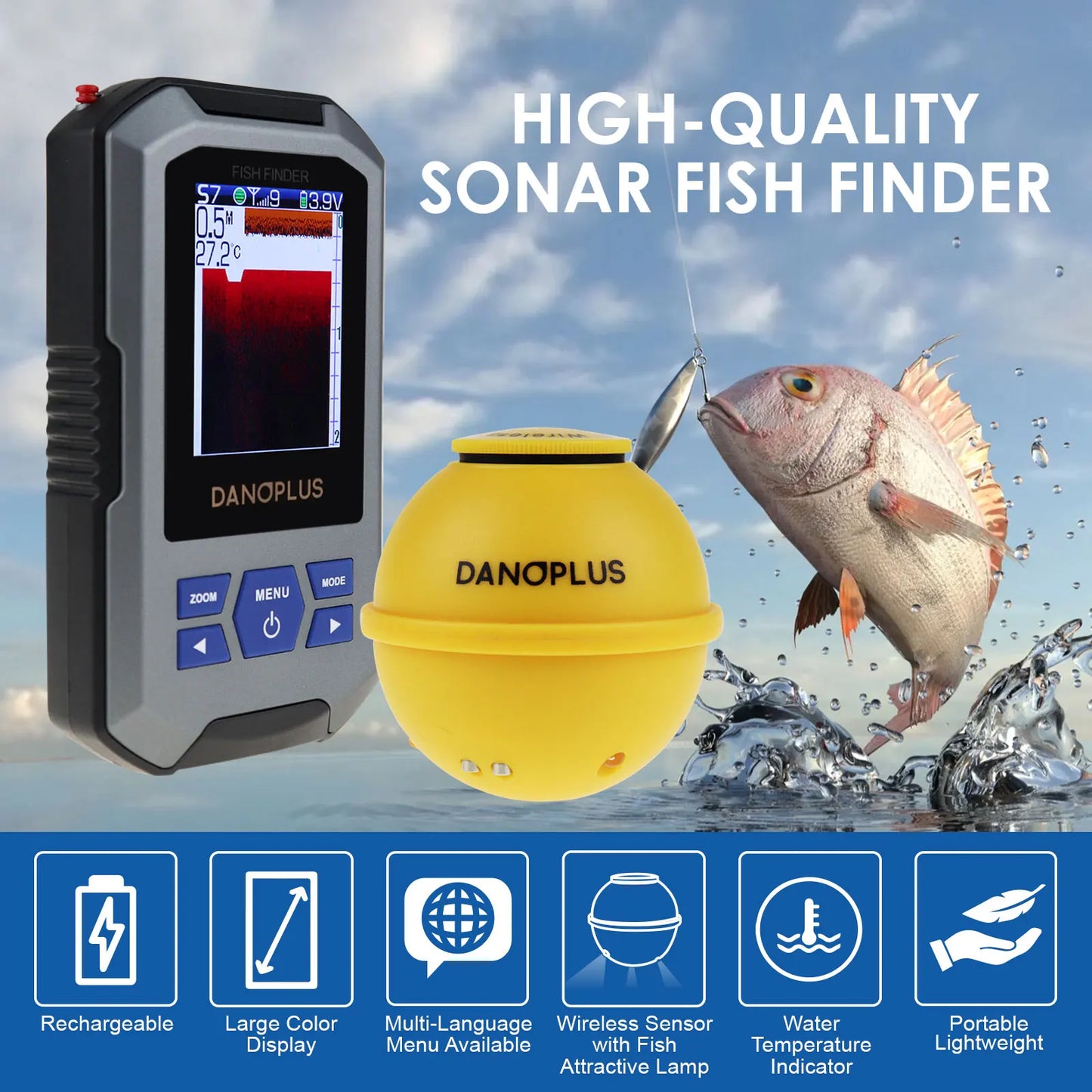 Fish Finder Wireless Sonar Sensor 125kHz Frequency 45 Meters / 147 Feet Depth Alarm Function and Large LCD Display