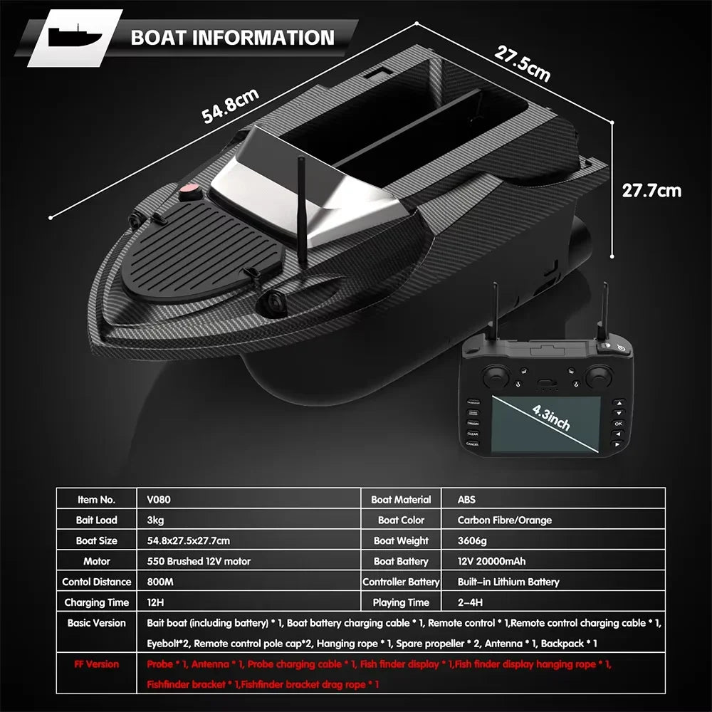 Sonar V080 12V 800M Bait Boat 9 Fishing Spots 180 Fishing Spots Load 3KG Fish Finder Dual Motor Smart Cruise Return Trawler