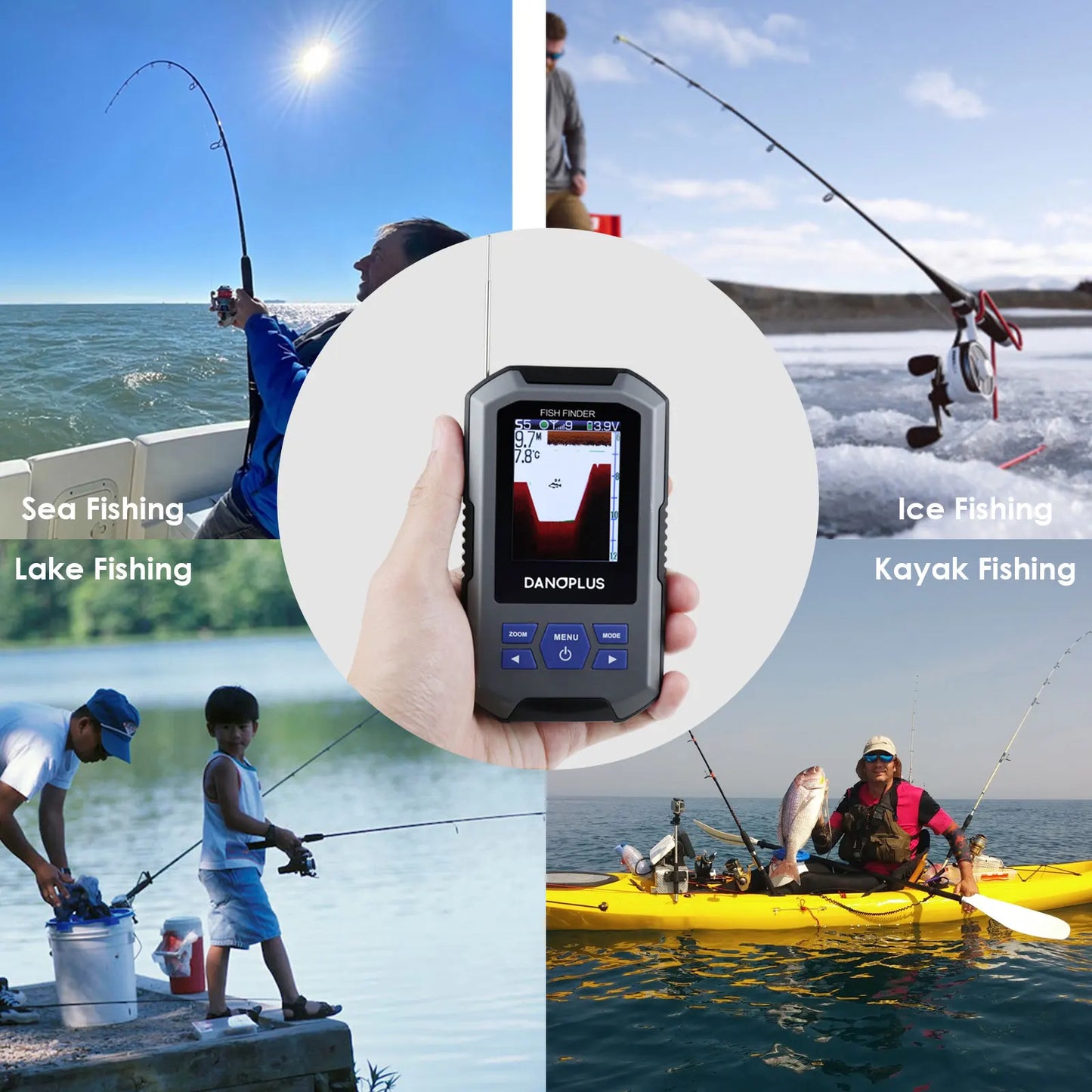 Fish Finder Wireless Sonar Sensor 125kHz Frequency 45 Meters / 147 Feet Depth Alarm Function and Large LCD Display