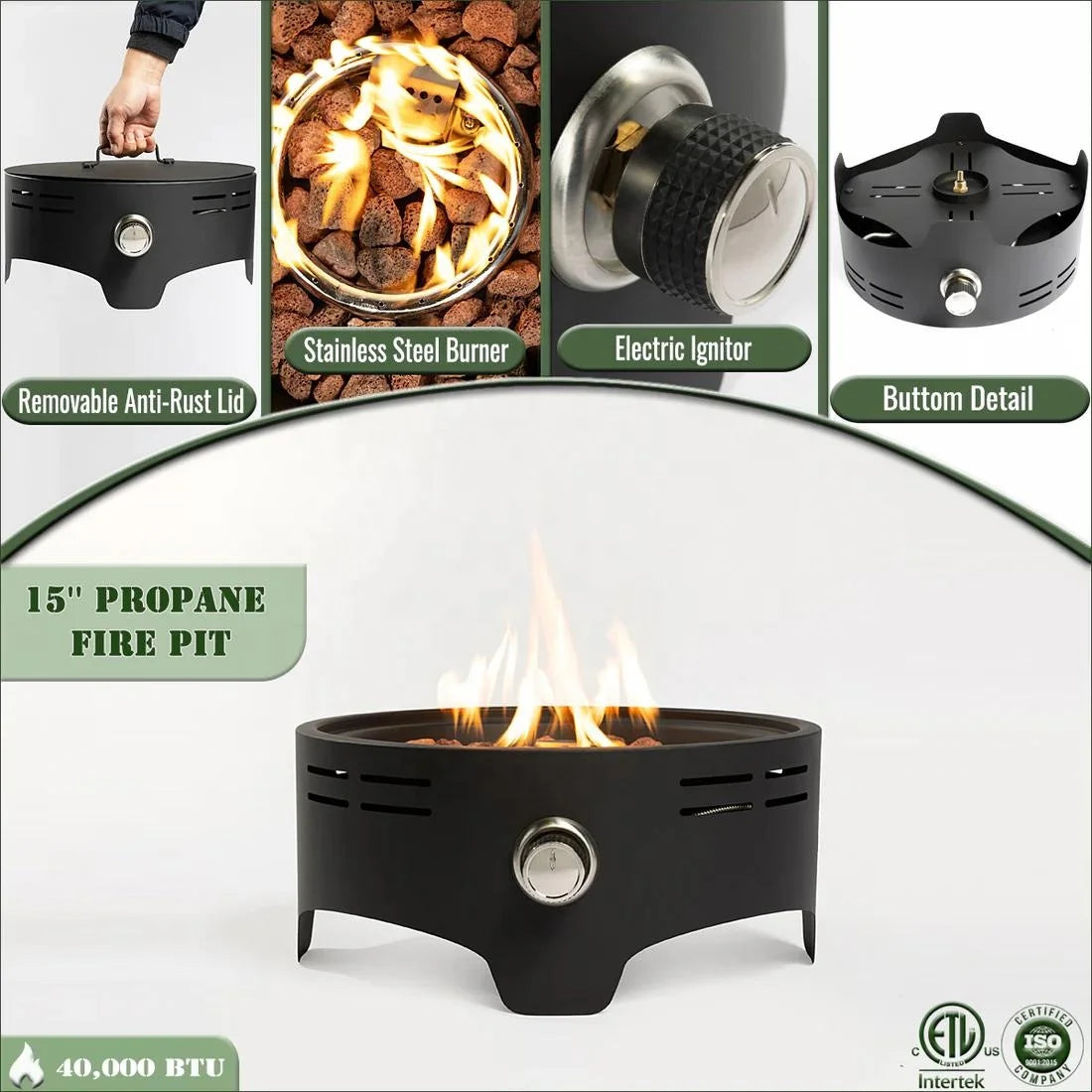 Enjoy 15'' Round Propane Gas Modern Stainless Steel Portable Camping Fire Pit with 40000 BTU for Party Use