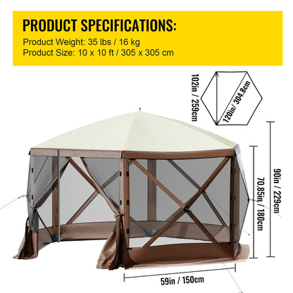 Modern Durable Camping Gazebo Tent 10'x10' 6-Sided Pop-Up Waterproof Shelter Portable Storage Bag Ground Outdoor Furniture