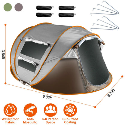 5-8 Person Pop up Tent Automatic Setup Camping Tent Waterproof Instant Setup Tent with 4 Mosquito Net Window Carrying Bag