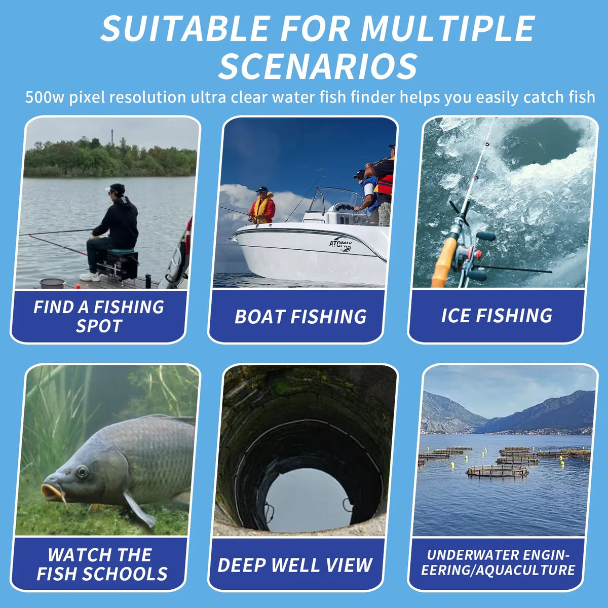 HD Split-Screen Live View Fish Finder - Wireless Direct Connection to Smartphones, Ideal for Kayak Fishing & Shore Angling