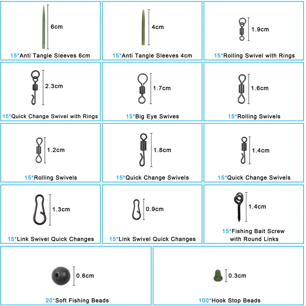 300Pcs/Box Carp Fishing Tackle Kit Including Anti Tangle Sleeves Hook Stop Beads Boilie Bait Screw Rolling Swivel Snaps