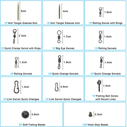 300Pcs/Box Carp Fishing Tackle Kit Including Anti Tangle Sleeves Hook Stop Beads Boilie Bait Screw Rolling Swivel Snaps