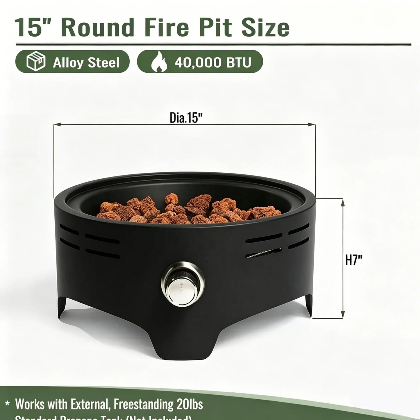 Enjoy 15'' Round Propane Gas Modern Stainless Steel Portable Camping Fire Pit with 40000 BTU for Party Use