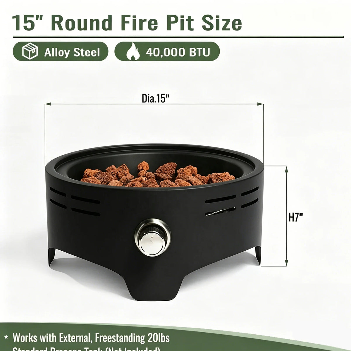 Enjoy 15'' Round Propane Gas Modern Stainless Steel Portable Camping Fire Pit with 40000 BTU for Party Use