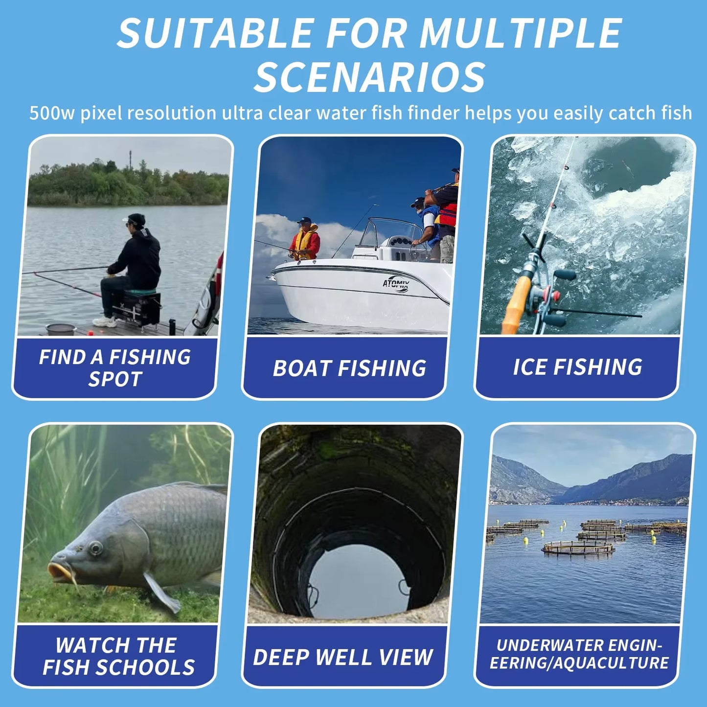 HD Split-Screen Live View Fish Finder - Wireless Direct Connection to Smartphones, Ideal for Kayak Fishing & Shore Angling