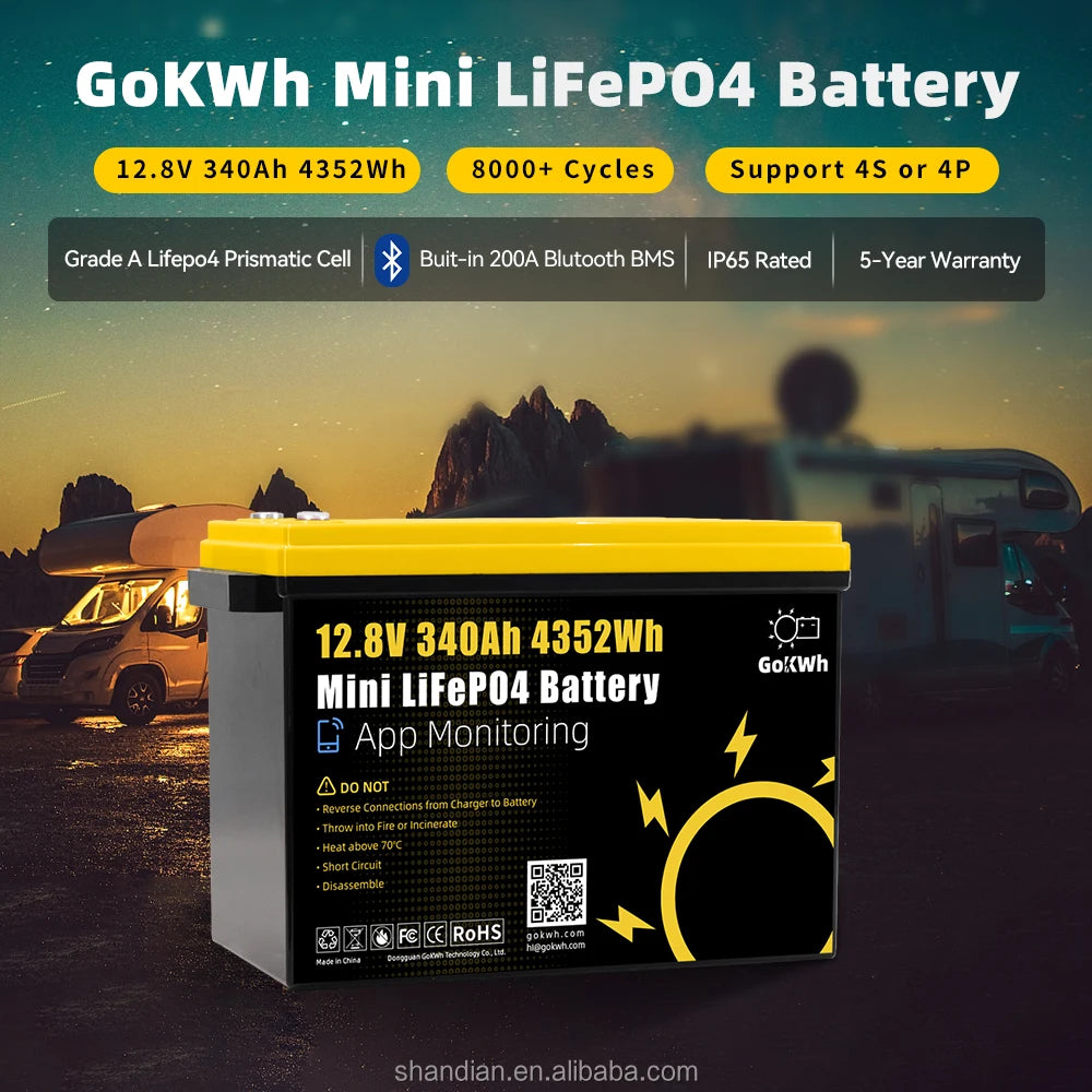 GoKWh Solar 12v 100ah Lifepo4 Battery Pack 24v 100ah 200ah 300ah Lithium Ion Battery Energy System for Camping Car RV Boat Ship