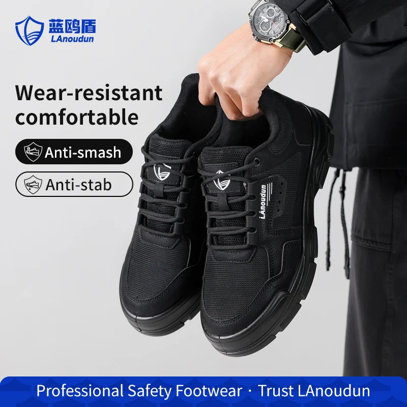 Lanoudun Heavy Wear Resistant Black Safety Shoes For Men Steel Toe Puncture Resistant Euro Standard Cap Hiking