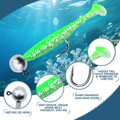 9KM Fishing Lure Kit Paddle Tail Swimbaits Soft Lure with Round Jig Head Hook 35pcs for Trout Bass Freshwater Fishing