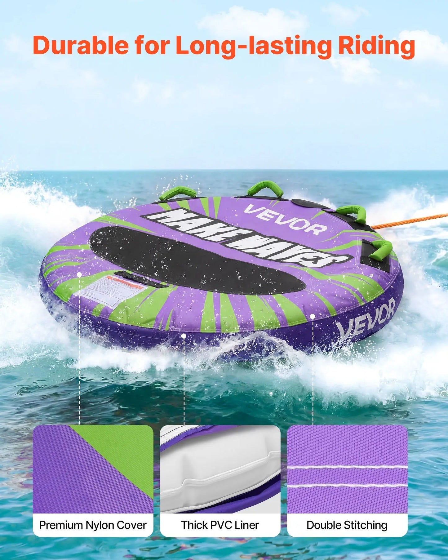 Towable Tubes for Boating, 2-Rider Inflatable Boat Tubes and Towables, 340lbs Capacity Water Sport Tube for Boat to Pull - with