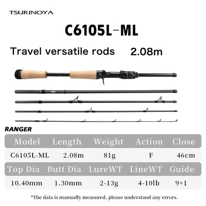 TSURINOYA Travel Fishing Rod RANGER 2.08m 2.09m 2.21m L-ML、ML-M FUJI A Guide Fast Action Portable Spinning Casting Bass Rod