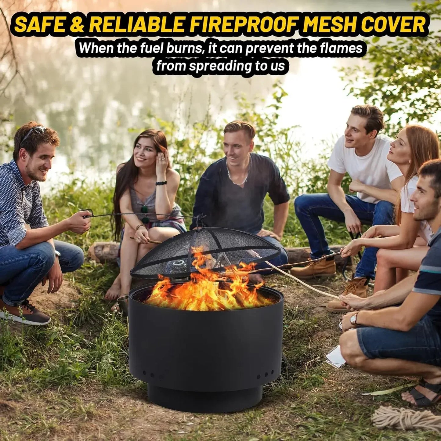 26 inch Fire Pit, Outdoor Smokeless Fire Pits for Wood Burning, Mesh Lid, Cooking Grate, Cover, Portable Patio Bonfire Pit for O