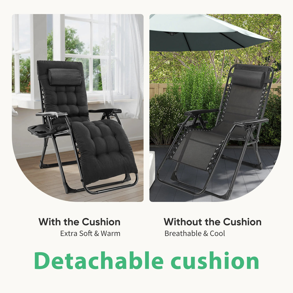 JHK Zero Gravity Recliner Camping Patio Lounge Chair Folding Portable with Cup Holder Trays Removable Cushion For Outdoor Garden