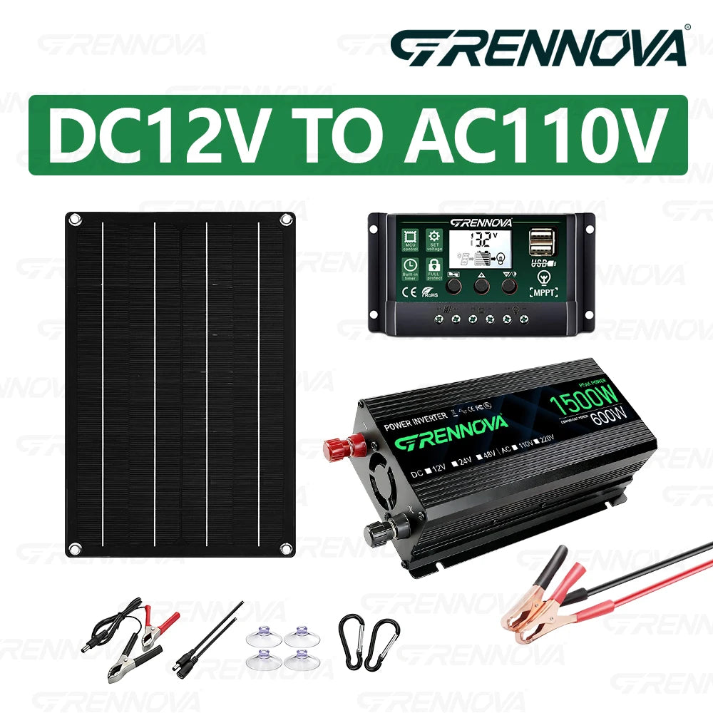 Solar Power System Kit 1500W Inverter 12V To 110V 220V 50W Panel 60A Controller for Charging Phone Powering Coolers Camping Gear