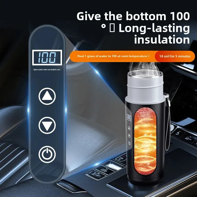 12V 24V Car Electric Heated Thermos 500ML, USB Heating Water Bottle, Portable Insulated Travel Cup for Driving & Work