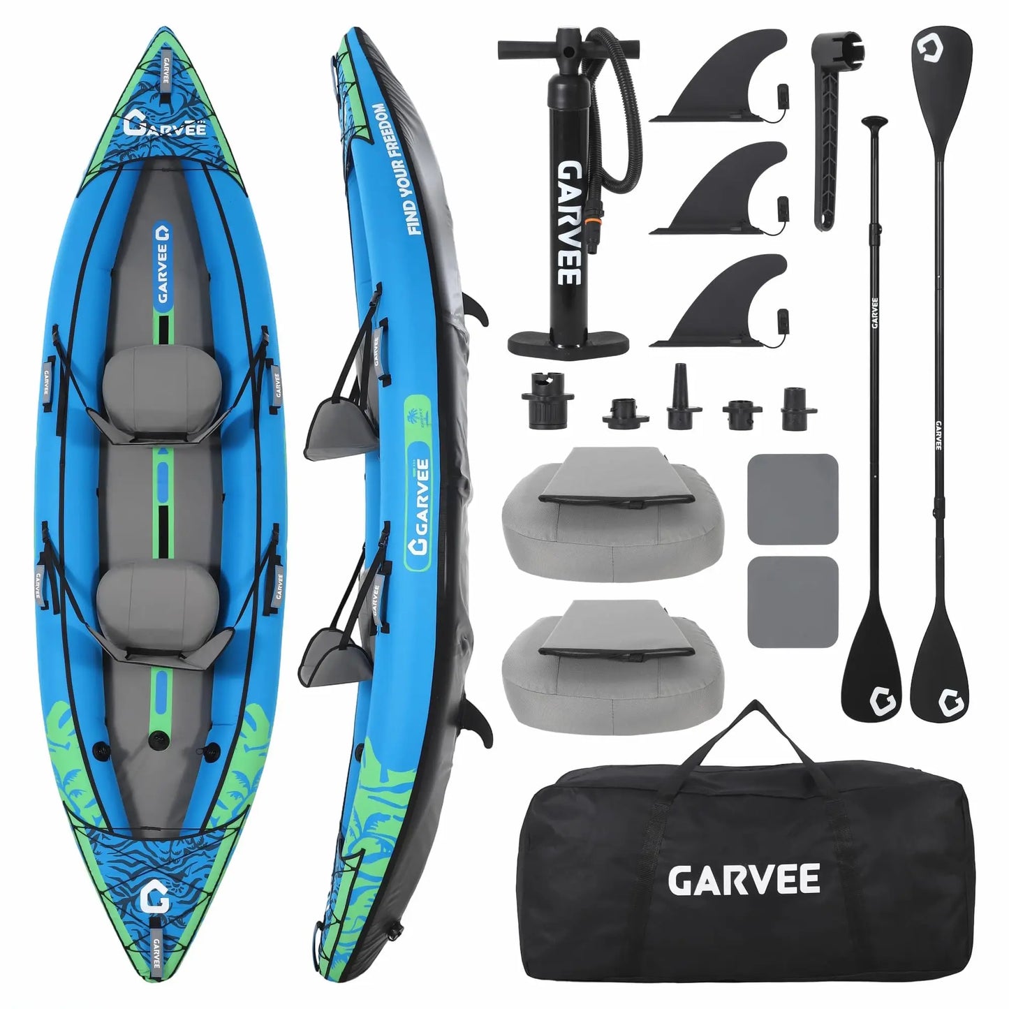 2 Person Inflatable Kayak, Fishing Kayak for Adults with Padded Seats, 3 Fins, Hand Pump, Carry Bag & Repair Kit