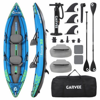 2 Person Inflatable Kayak, Fishing Kayak for Adults with Padded Seats, 3 Fins, Hand Pump, Carry Bag & Repair Kit