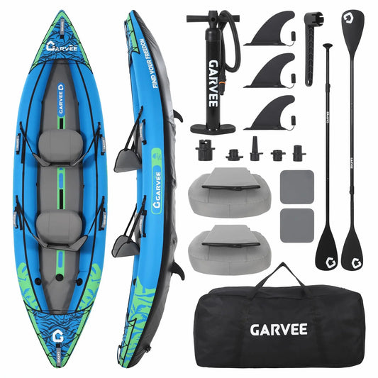 2 Person Inflatable Kayak, Fishing Kayak for Adults with Padded Seats, 3 Fins, Hand Pump, Carry Bag & Repair Kit
