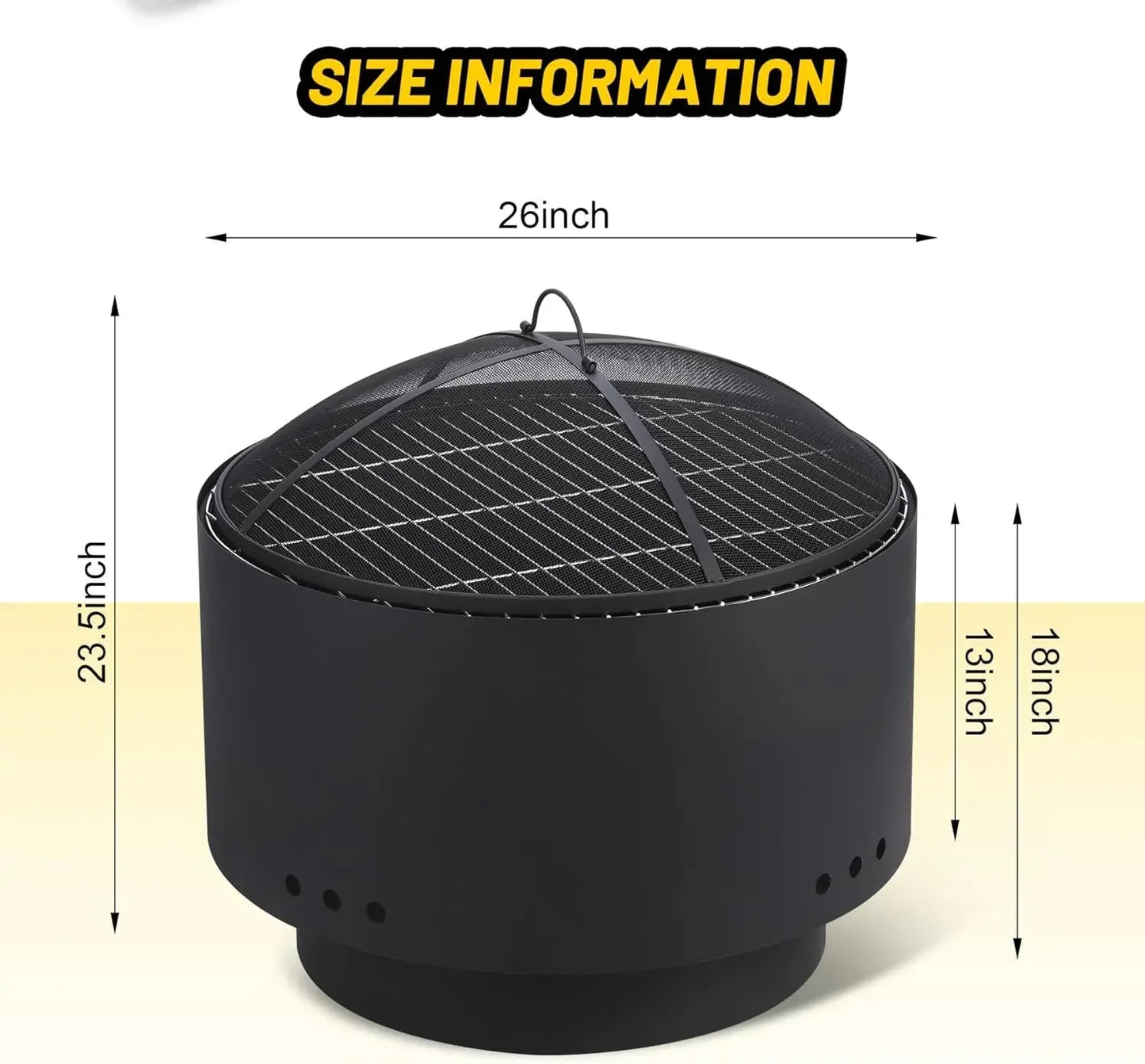 26 inch Fire Pit, Outdoor Smokeless Fire Pits for Wood Burning, Mesh Lid, Cooking Grate, Cover, Portable Patio Bonfire Pit for O