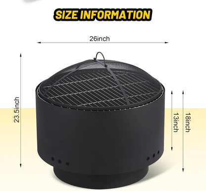 26 inch Fire Pit, Outdoor Smokeless Fire Pits for Wood Burning, Mesh Lid, Cooking Grate, Cover, Portable Patio Bonfire Pit for O