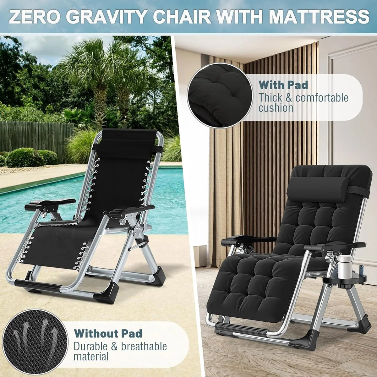 Zero Gravity Outdoor Lounge Chairs Set of 2 Reclining with Cushion Headrest Cup Holder for Patio Garden