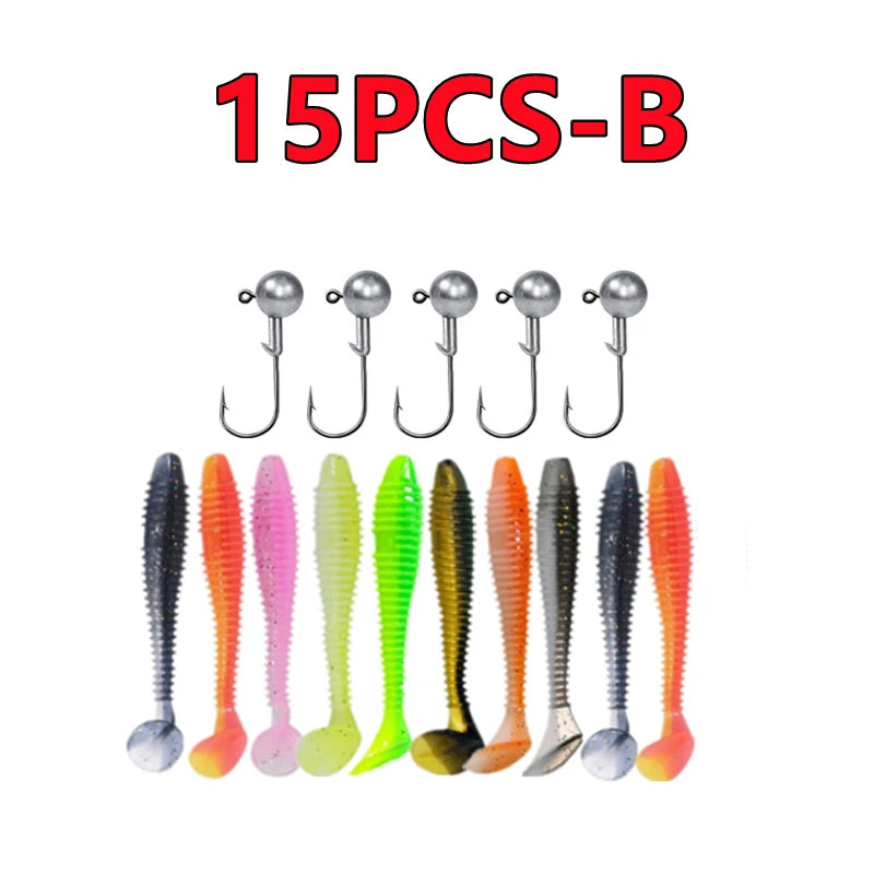 New 50/30/15PC Soft Fishing Lures Kit Silicone Lure Set Artificial Bait Worm with Crank Jig Head Hook Fishing Tackle Accessories