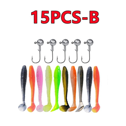 New 50/30/15PC Soft Fishing Lures Kit Silicone Lure Set Artificial Bait Worm with Crank Jig Head Hook Fishing Tackle Accessories