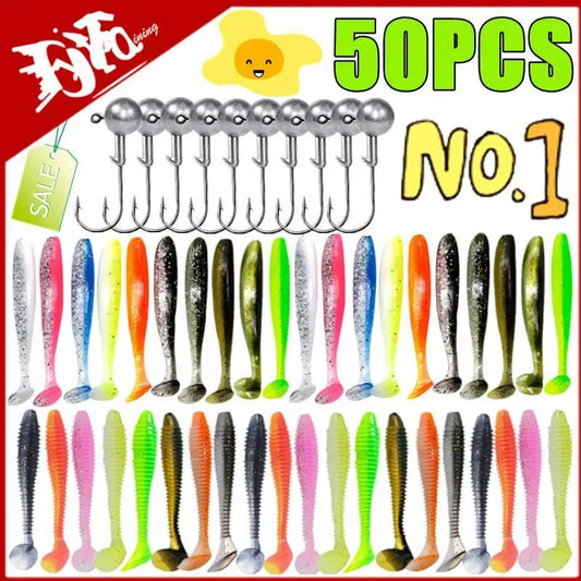New 50/30/15PC Soft Fishing Lures Kit Silicone Lure Set Artificial Bait Worm with Crank Jig Head Hook Fishing Tackle Accessories