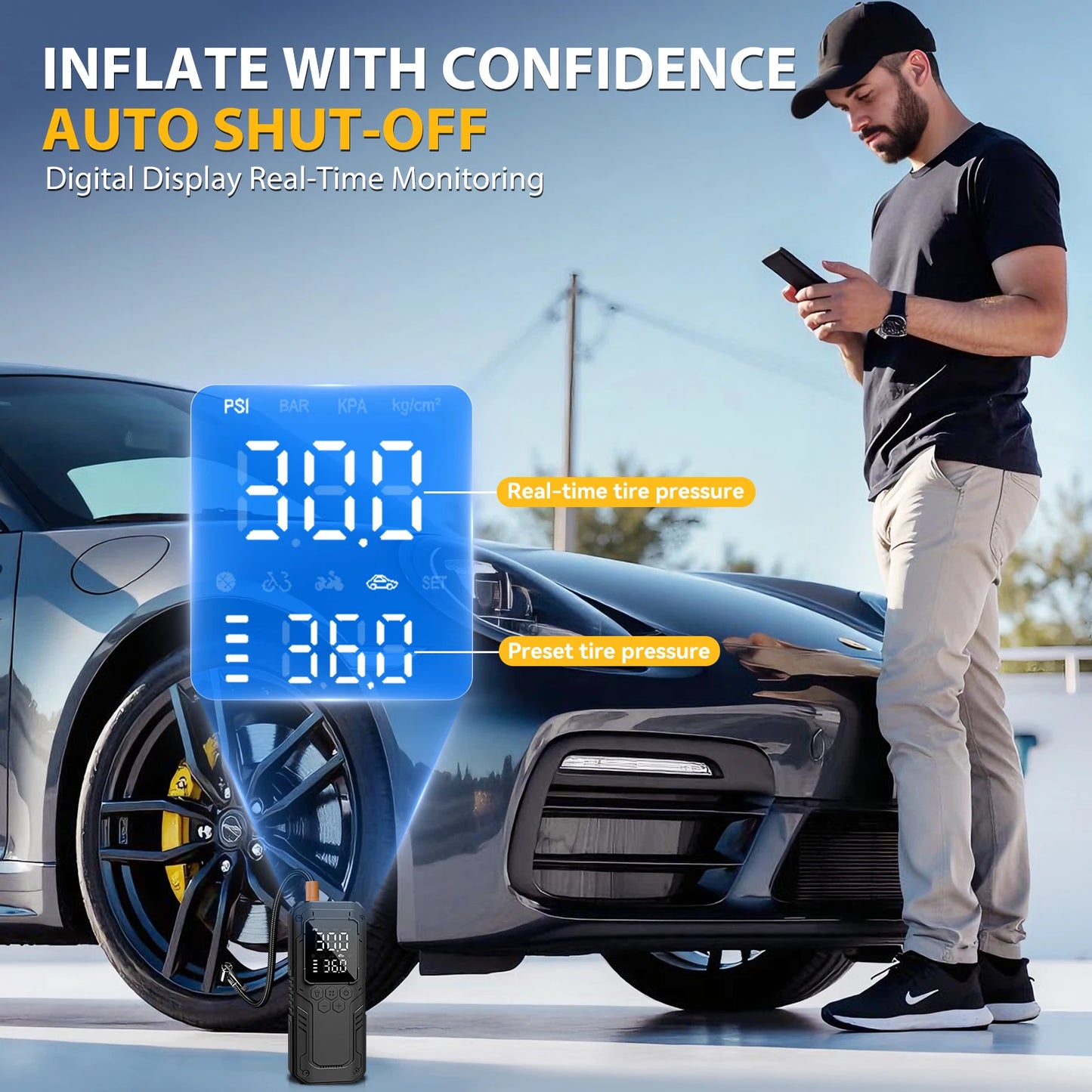 Tire Inflator Pump 150PSI Air Pump 12V Air Compressor with Digital Pressure Gauge for Car Motorcycle Bicycle Ball