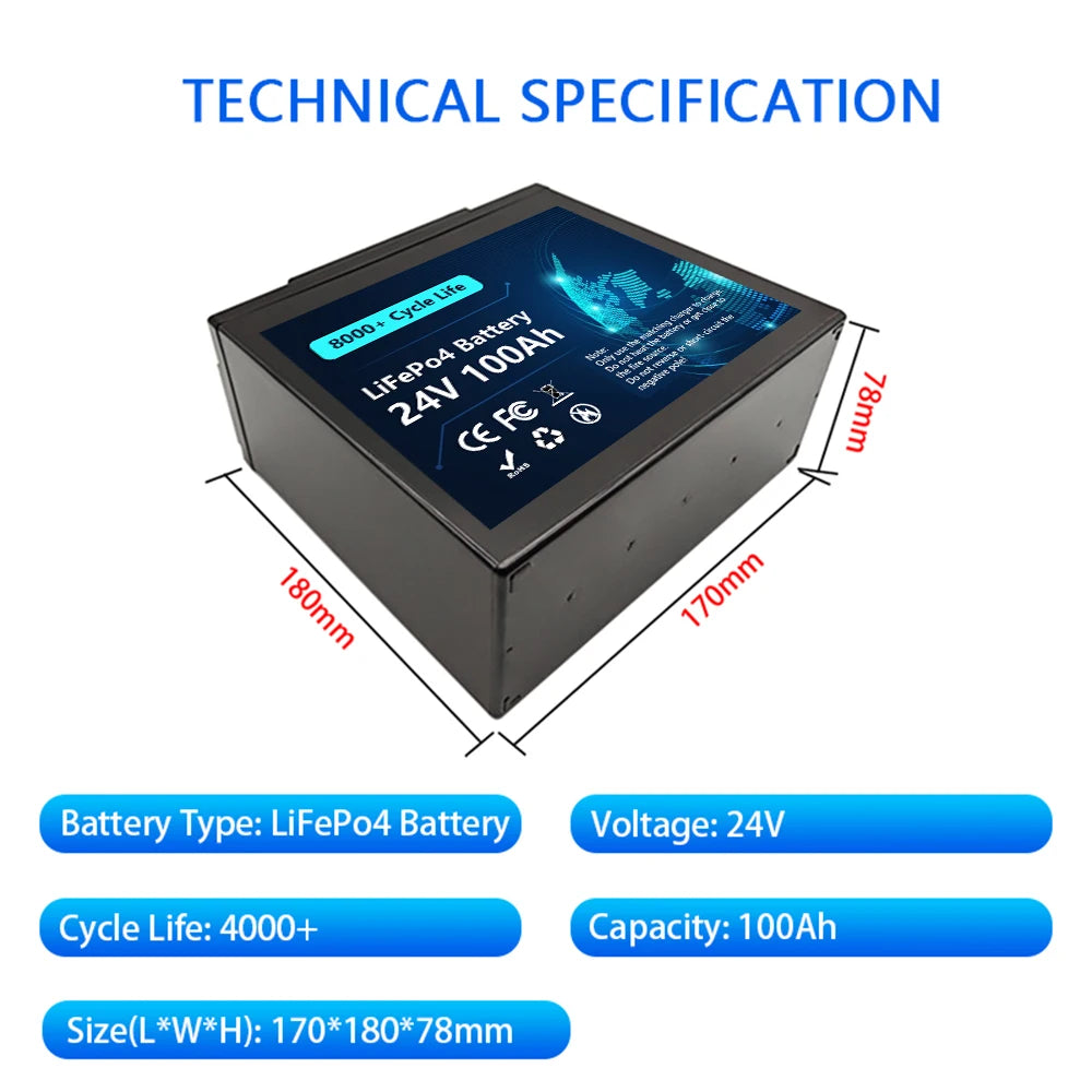 24V LiFePO4 200Ah Lithium Battery, Built-in 200A BMS, Rechargeable Battery, for RV/Camper, Solar, Marine, Overland/Van, Off-Gr