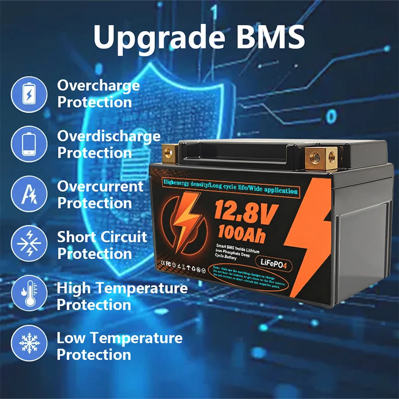 New LiFePo4 12V 100Ah Lithium Iron Phosphate Battery Built-in 200A BMS, for Solar Marine Overland Off-Grid LiFePo4 Battery