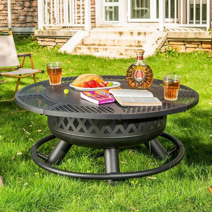 36 Inch Fire Pit with Grill,Wood Burning Fire Pits for Outside with Lid& Fire Poker,Round Metal Firepit Table 3 in 1 with Cookin