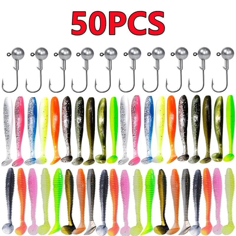 New 50/30/15PC Soft Fishing Lures Kit Silicone Lure Set Artificial Bait Worm with Crank Jig Head Hook Fishing Tackle Accessories