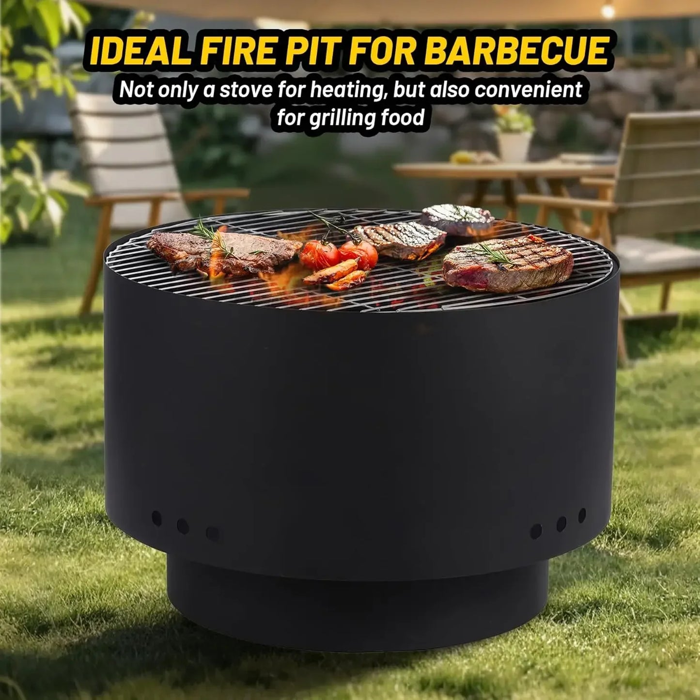 26 inch Fire Pit, Outdoor Smokeless Fire Pits for Wood Burning, Mesh Lid, Cooking Grate, Cover, Portable Patio Bonfire Pit for O