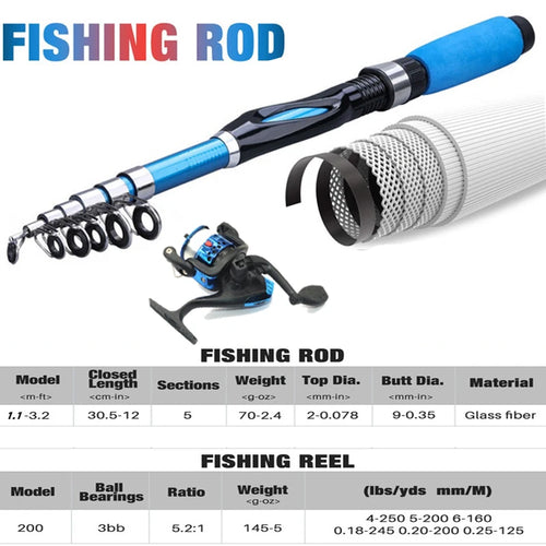1.2M Fishing Rod Full Kits Telescopic Sea Spinning Reel Lure Set Travel Fishing Gear Baits Accessories Bag Beginner 6 Options