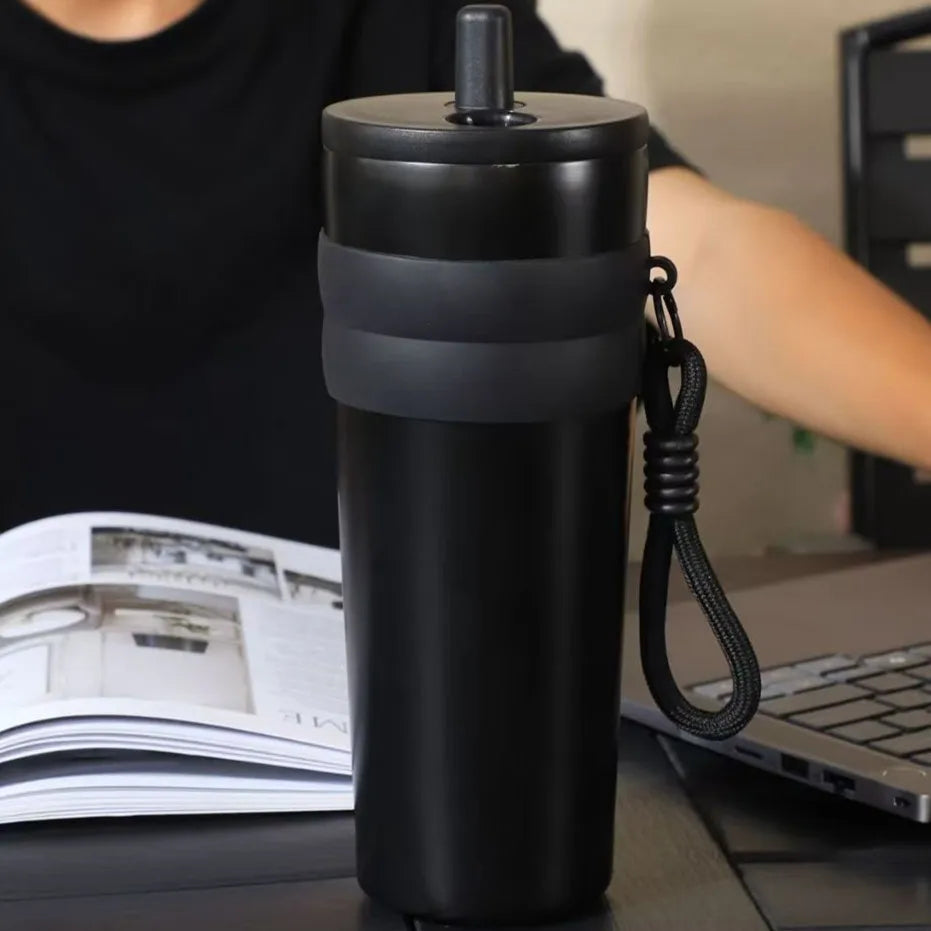 700ml/23oz Travel Thermos with Straw and Leak-Proof Lid, Stainless Steel Metal Water Bottle for Hot and Cold Coffee Drinks