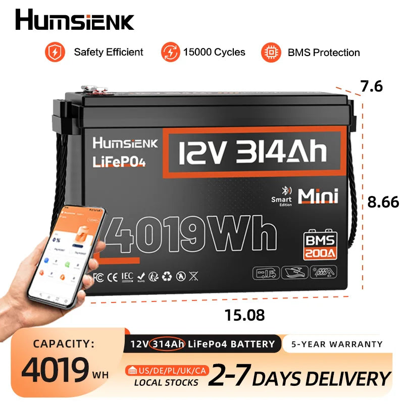 Humsienk 12V 314Ah LiFePO4 Battery, Capacity 4019Wh, Size MINI, Built-in Bluetooth & 200A BMS, 15000+ Deep Cycle, Low-Temp Protection For Fishing, Portable Power Station, Golf Cart, Boat, Marine, Off-Grid, Solar, 5-Year Warra