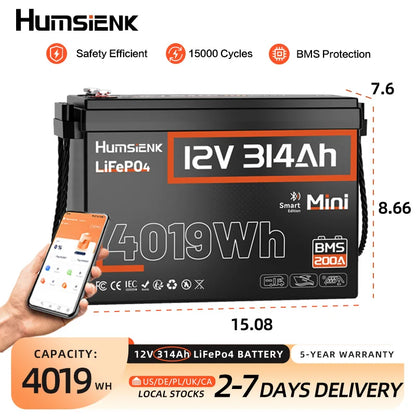 Humsienk 12V 314Ah LiFePO4 Battery, Capacity 4019Wh, Size MINI, Built-in Bluetooth & 200A BMS, 15000+ Deep Cycle, Low-Temp Protection For Fishing, Portable Power Station, Golf Cart, Boat, Marine, Off-Grid, Solar, 5-Year Warra