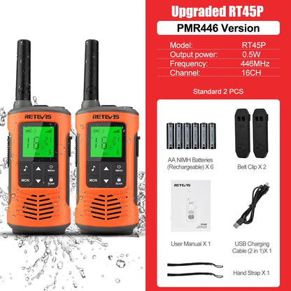 Retevis RT45P IP67 Waterproof Walkie Talkie 2pcs Rechargeable 2-way Radio Receiver PMR446 License Free Type-C for Camping hiking