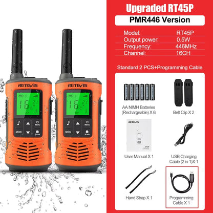 Retevis RT45P IP67 Waterproof Walkie Talkie 2pcs Rechargeable 2-way Radio Receiver PMR446 License Free Type-C for Camping hiking