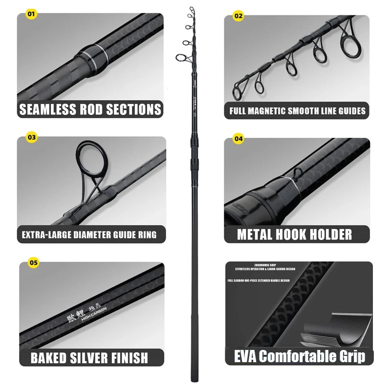 3.0M-4.2M Carp Telescopic Fishing Rod,30-200g Lure Rod,40T Carbon Surf Spinning Rod,Saltwater Freshwater Distance Throwing Rod