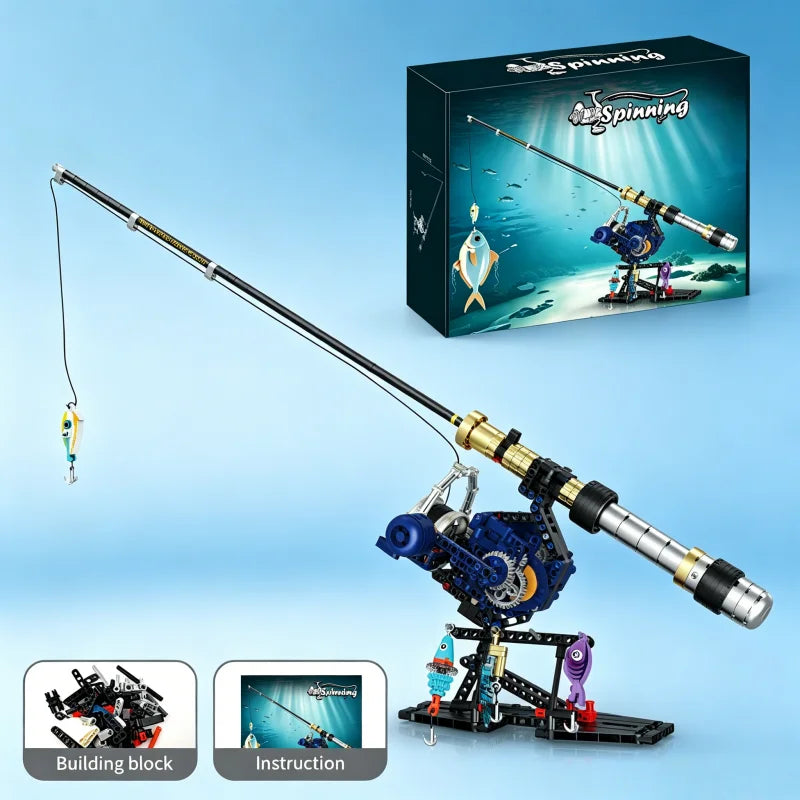 Rotating fishing rod building block set, realistic mechanical model building block toy with gear system, DIY assembly building b